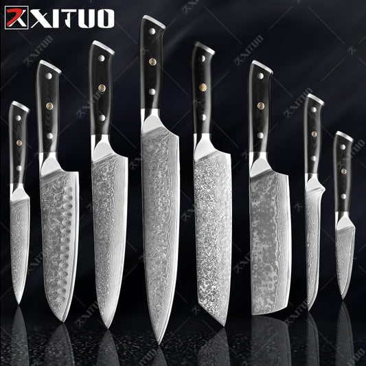 XITUO Damascus kitchen Knife 1-9PC 67 layers Japan Damascus steel Chef knife Sharp Sankotu Cleaver Boning Paring knife G10 handl